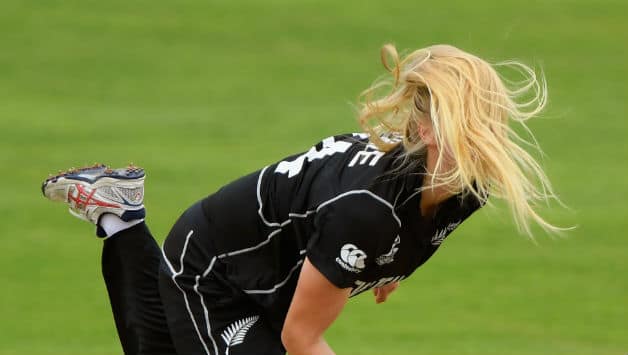 New Zealand bowler Hannah Rowe in action during the ICC Womens World Cup 2017 © Getty Images