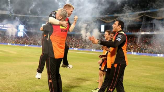 David Warner is lifted by Tom Moody after SRH's 2016 triumph. Photo courtesy: IPL’s twitter handle