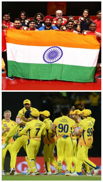 The gold medal table tennis teams of India & Chennai Super Kings players celebrate last-over victory © Getty Images & AFP