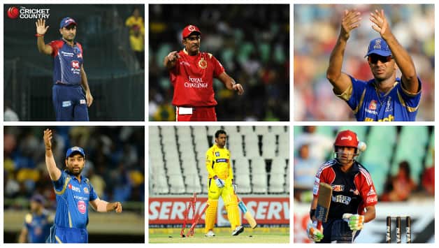 From top (left to right): Virender Sehwag (DD), Anil Kumble (RCB), Rahul Dravid (RR), Bottom row (left to right): Rohit Sharma (MI), MS Dhoni (CSK) and Gautam Gambhir © AFP