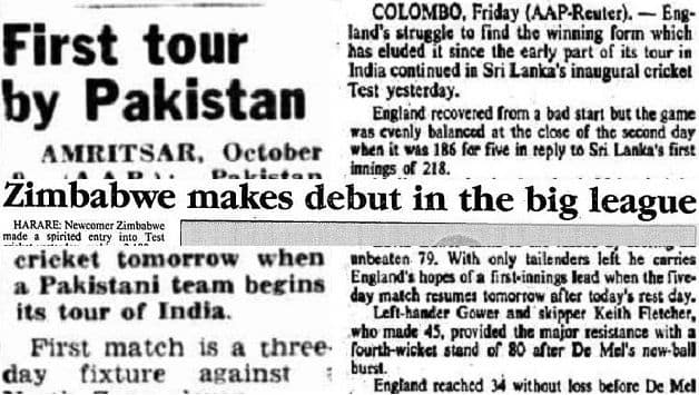 India vs Pakistan, Delhi, 1952-53 (courtesy: Brisbane Courier); Sri Lanka vs England, Colombo, 1981-82 (courtesy: The Canberra Times); Zimbabwe vs India, Harare, 1992-93 (courtesy: The Canberra Times Daily) Tags: India vs Pakistan 1952/53, Sri Lanka vs England 1981/82, Zimbabwe vs India 1992/93, Bangladesh vs India 2000/01, Abdul Hafeez Kardar, Bandula Warnapura, Dave Houghton, Naimur Rahman, 1st Test for every side