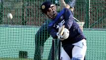 Mahendra Singh Dhoni practicing at Bengaluru’s National Cricket Academy