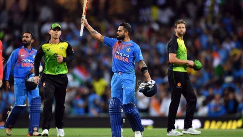 India captain Virat Kohli, who brought up his 19th T20I half century, clobbered four boundaries and two sixes during his 41-ball 61* as India chased down the target with two balls to spare. Photo: (AFP)