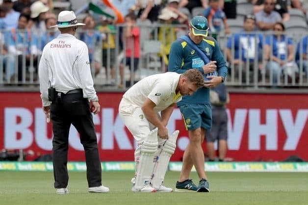 Aaron Finch was forced off the field on day three in Perth.