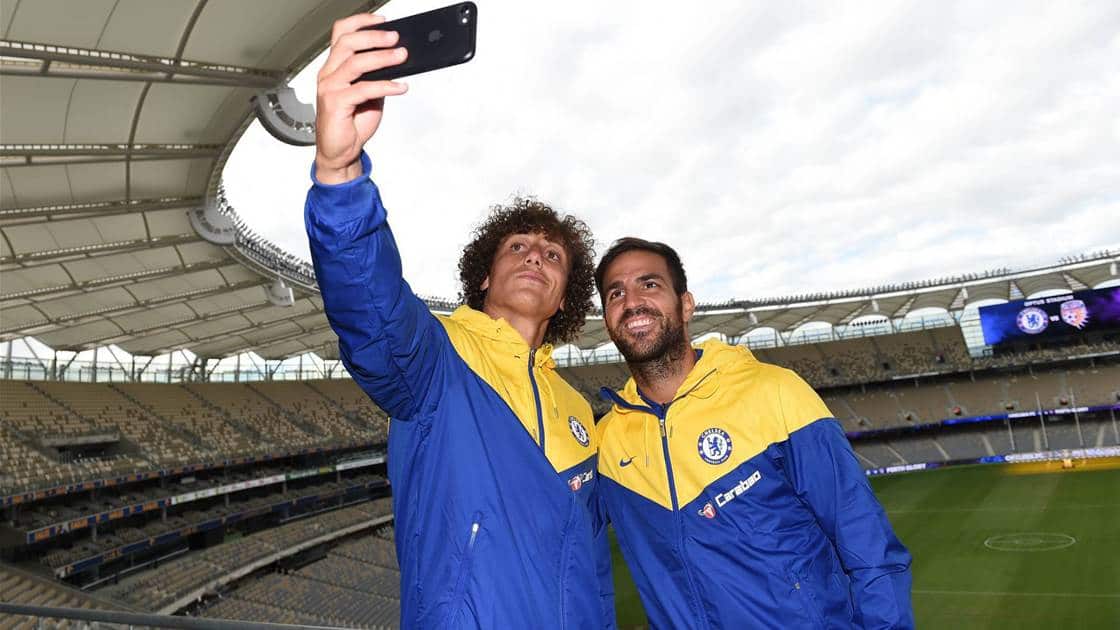 David Luiz and Cesc Fabregas take a selfie at Optus Stadium during Chelsea's visit in July