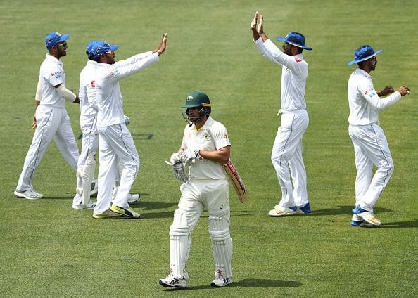 Sri Lanka celebrate the dismissal of Joe Burns for 4.