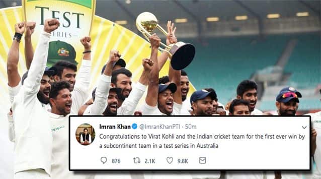 Pakistan Prime Minister Imran Khan on Tuesday congratulated Indian skipper Virat Kohli and his team for their maiden Test series win in Australia.