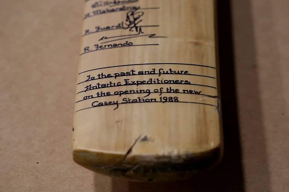 The bat bears an inscription to expeditioners in Antarctica.