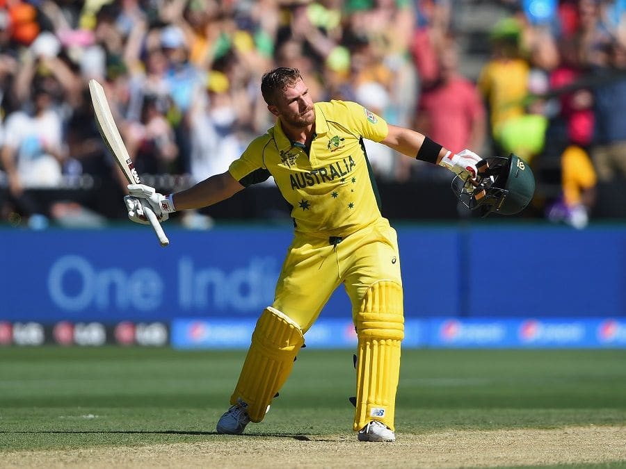 Aaron Finch celebrates his 135 in the 2015 World Cup opener.