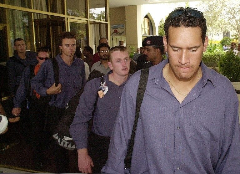 The New Zealand team leaves the Sheraton Hotel after cancelling their tour in 2002.