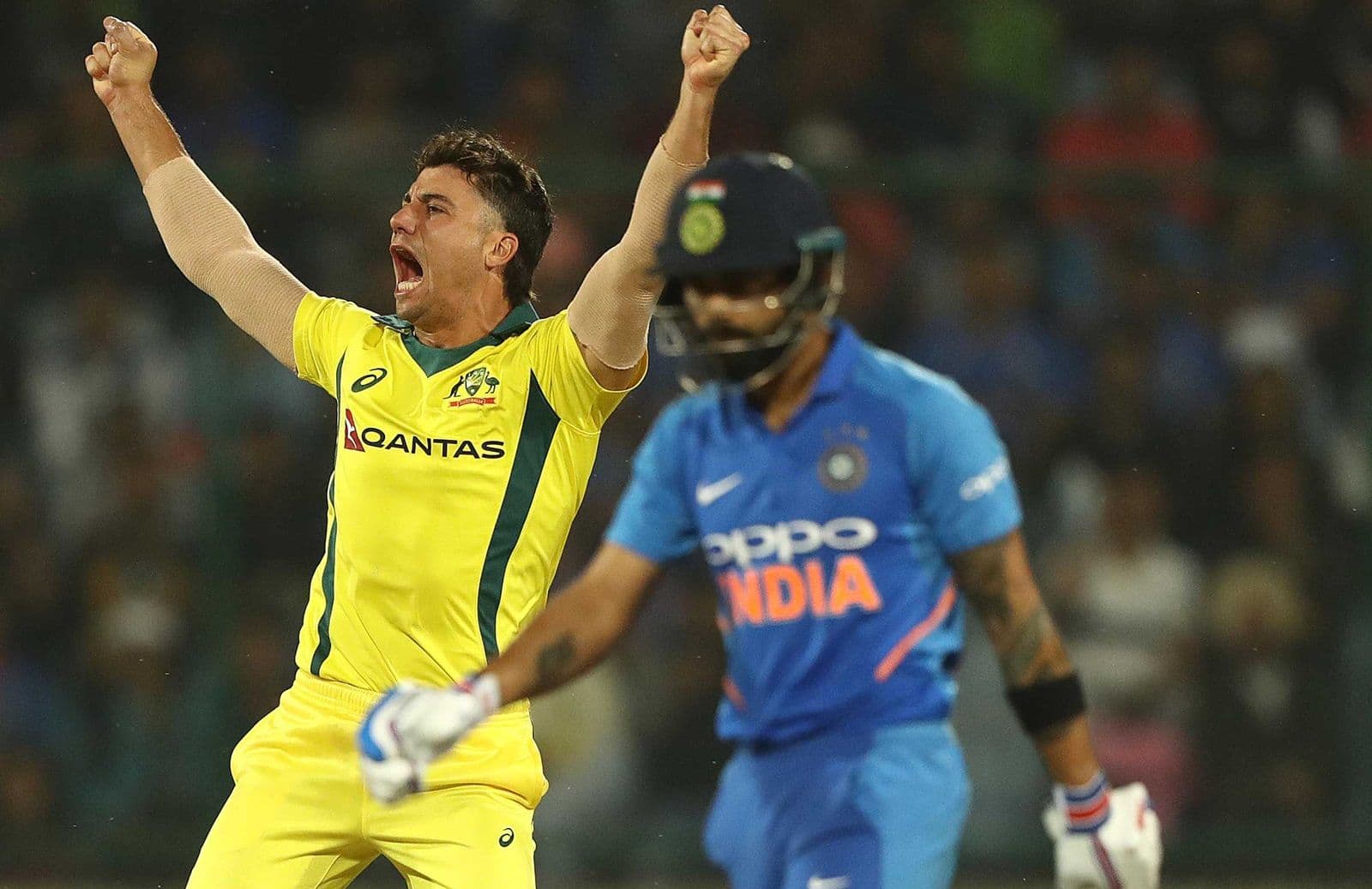 Marcus Stoinis celebrates getting Virat Kohli for 20.