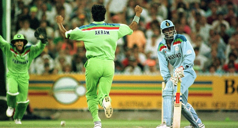 Wasim Akram bowls Chris Lewis with a ripper in the 1992 World Cup final.