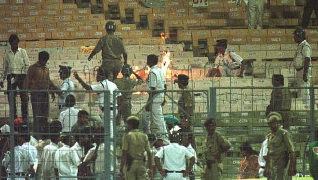 Fires burn in the stands during the 1996 World Cup semi-final.