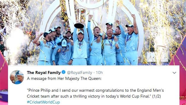 The Queen sent her congratulations to England's World Cup winners after their incredible triumph against New Zealand on Sunday.