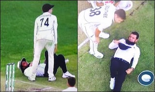 Australia vs new zealand 1st test aleem dar down after being tackled by mitchell santner 3877939