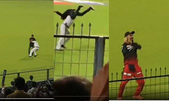 watch virat kohli laughed after kolkata police man took a fan on shoulder in lsg vs rcb match