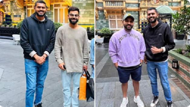 A fan clicked picture with both Virat Kohli and Rohit Sharma in London