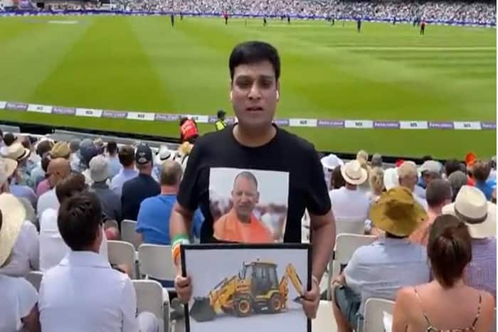 Yogi Adityanath Fan spots in India England Match Odi With Bulldozer Photo Watch Video