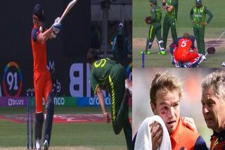 Watch video Haris Rauf nasty delivery hits Bas de Leede on the grille in front of the nose