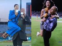 danny morrison lifts erin holland in his lap during the pre-match chat in psl 2023