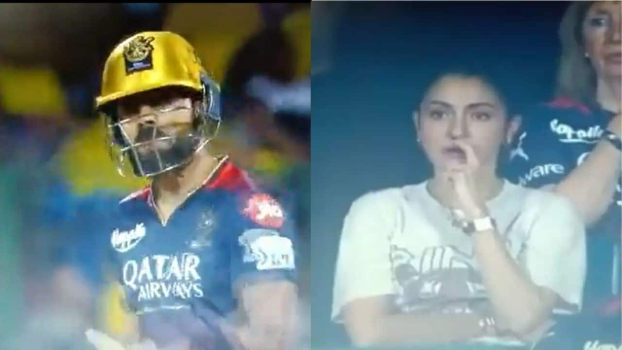 Anushka sharma reaction after kohli got out, rcb vs csk, rcb vs csk new, rcb vs csk updates, rcb vs csk stats, rcb vs csk updates, anushka sharma during rcb vs csk, virat kohli got bout at 6 runs, virat kohli for rcb