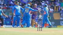 Watch Video heated words exchanged between nitish rana and Hrithik shokeen in mi vs kkr match