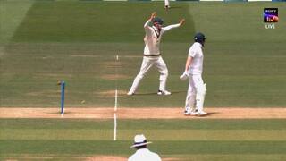 Jonny Bairstow steps out of the crease after leaving the ball and Alex Carey to run him out