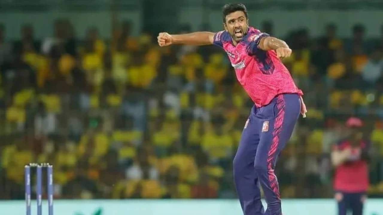 Ashwin bowling for the Rajasthan Royals