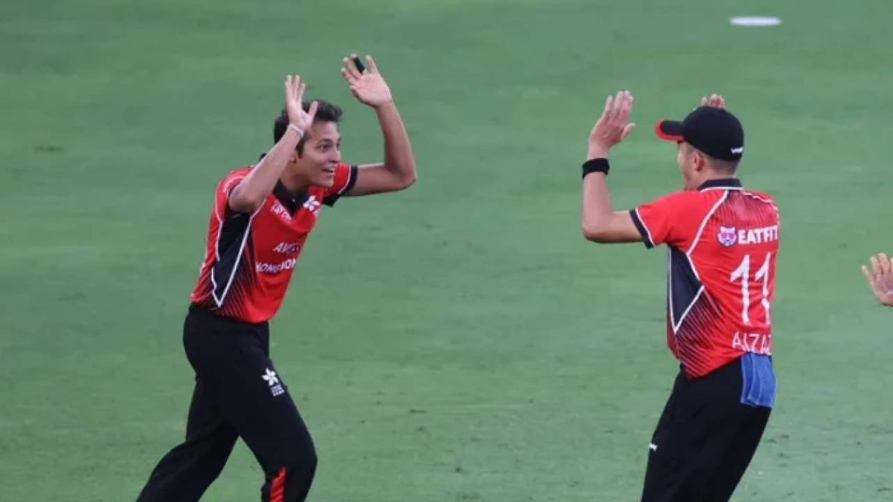 Hong Kong's Ayush Shukla celebrating a wicket