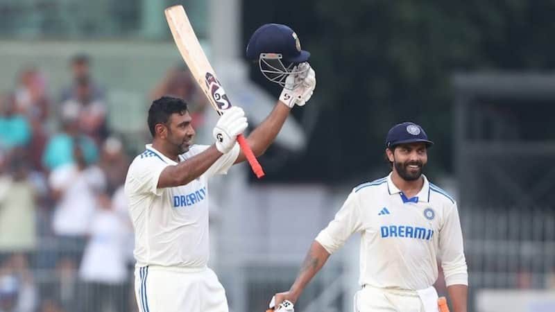 Ashwin celebrating after scoring a Test ton