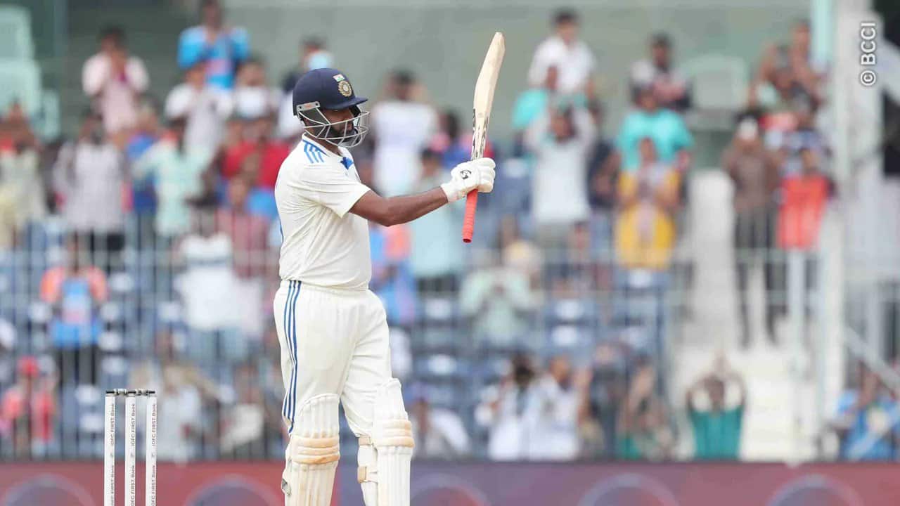 Ashwin celebrating his century