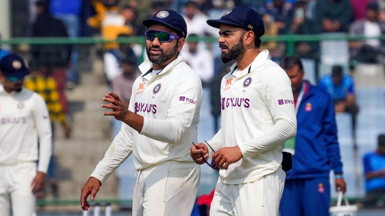 Rohit and Virat having a chat during a Test match
