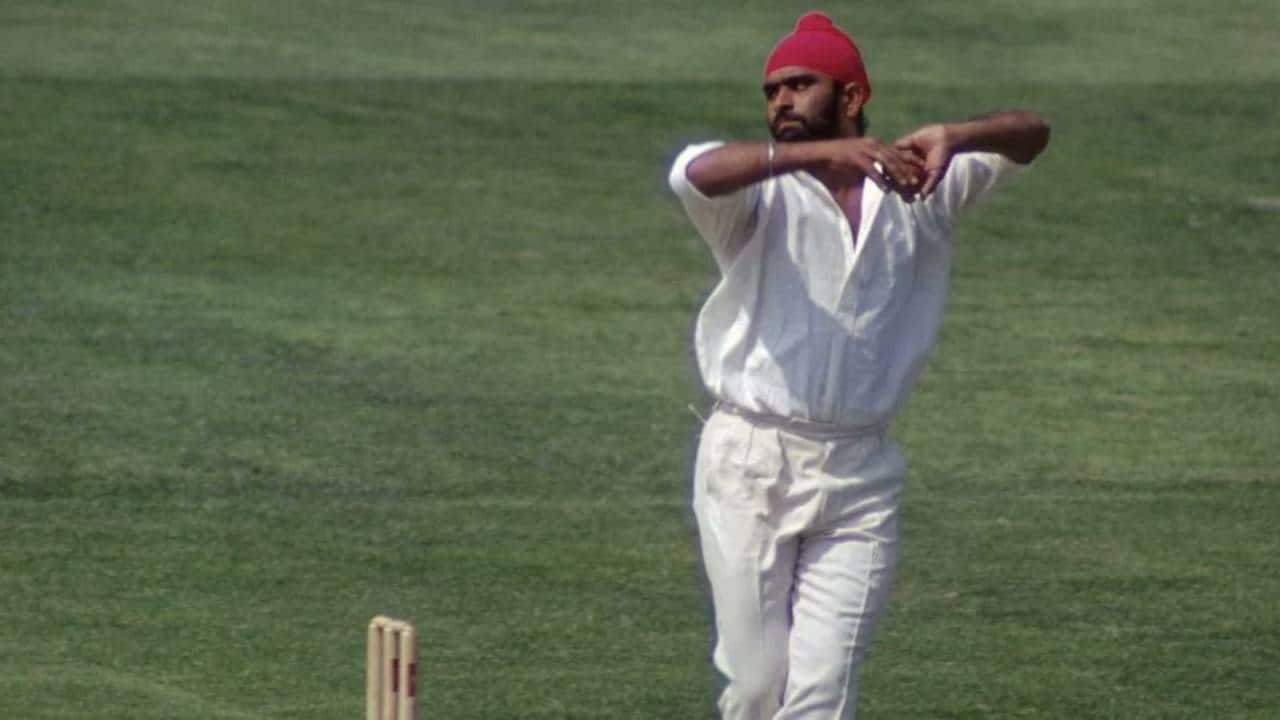 Bedi bowling during a Test match