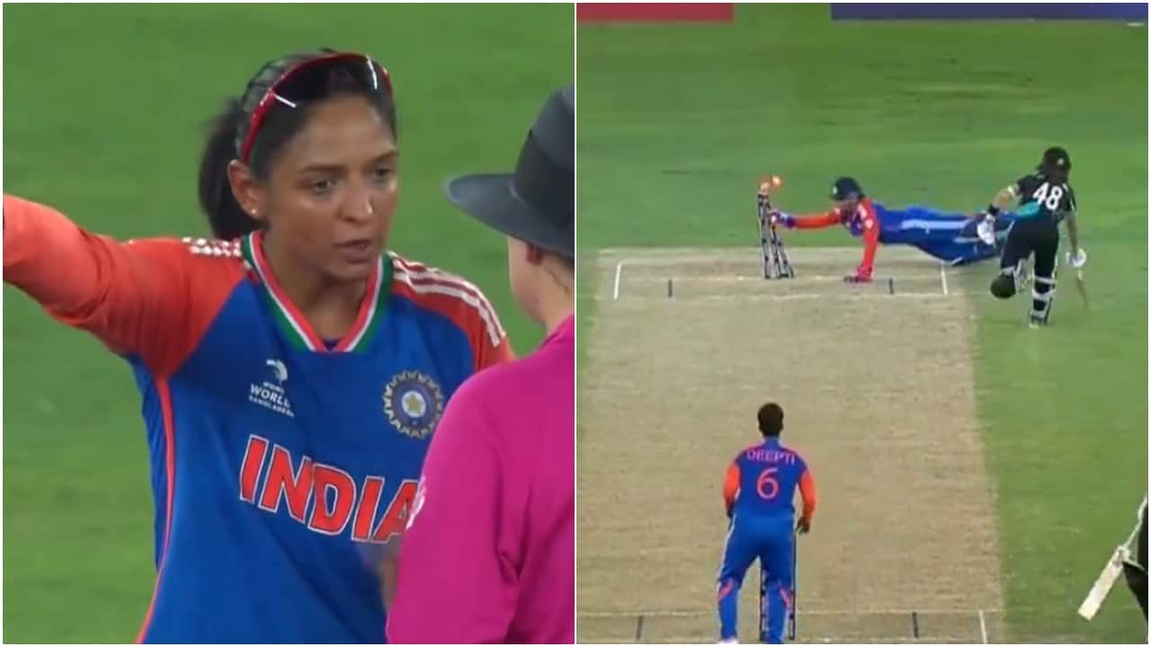 Harmanpreet talks with umpires after wicket of Amelia Kerr