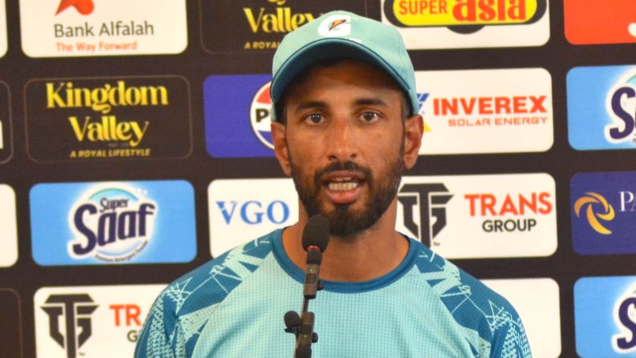 Masood speaking at the post-match press conference