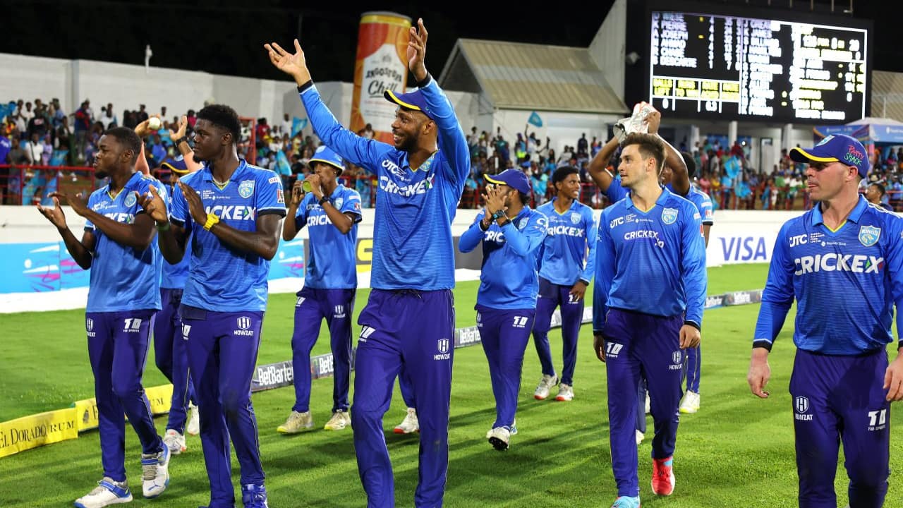 The St. Lucia Kings side celebrating after winning the CPL