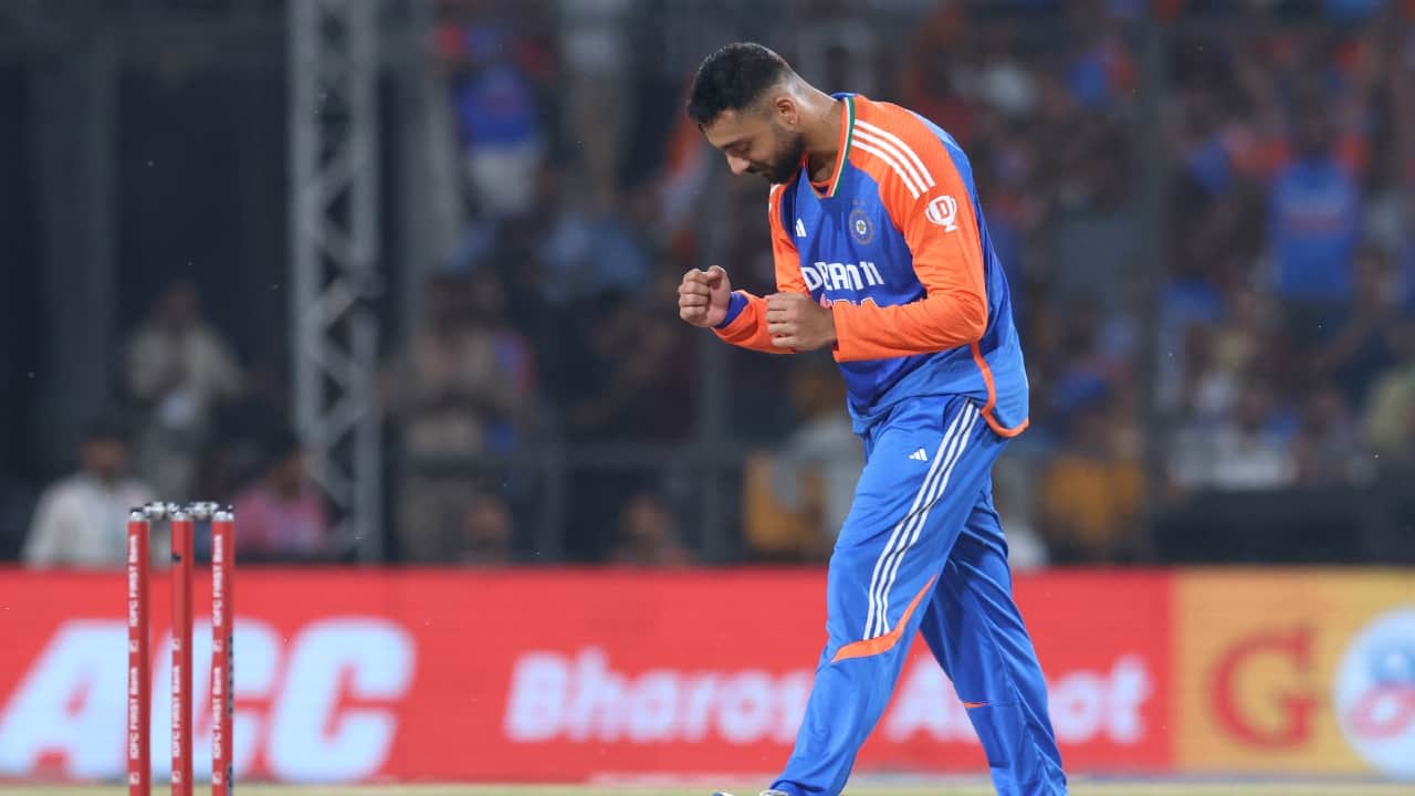 Chakravarthy bowling during the T20I against Bangladesh