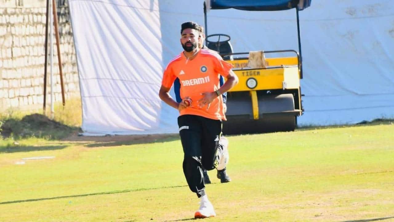 Siraj bowling during a practice session