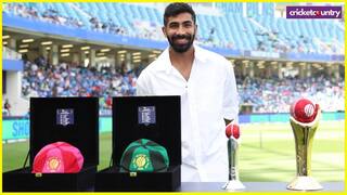 Jasprit Bumrah receives his ICC Awards and Team Of The Year caps during ind vs pak champions Trophy 2025 match