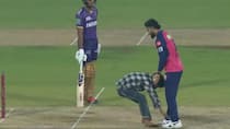 riyan parag trolled on social media after fan touched his feet during rr vs kkr match ipl 2025