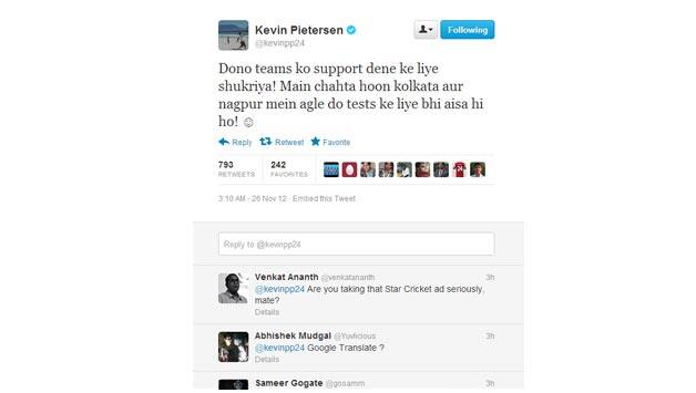 Kevin Pietersen thanks Mumbai crowd with a Hindi tweet Kevin Pietersen thanks Mumbai crowd with a Hindi tweet