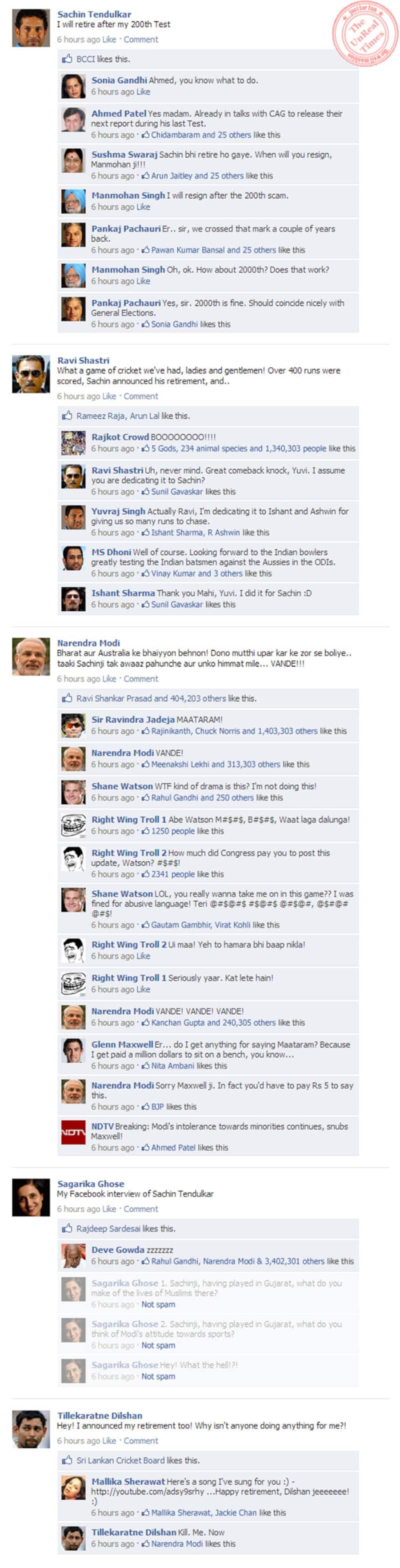 Sachin Tendulkar retirement: Celebrity reactions make a big splash on Facebook