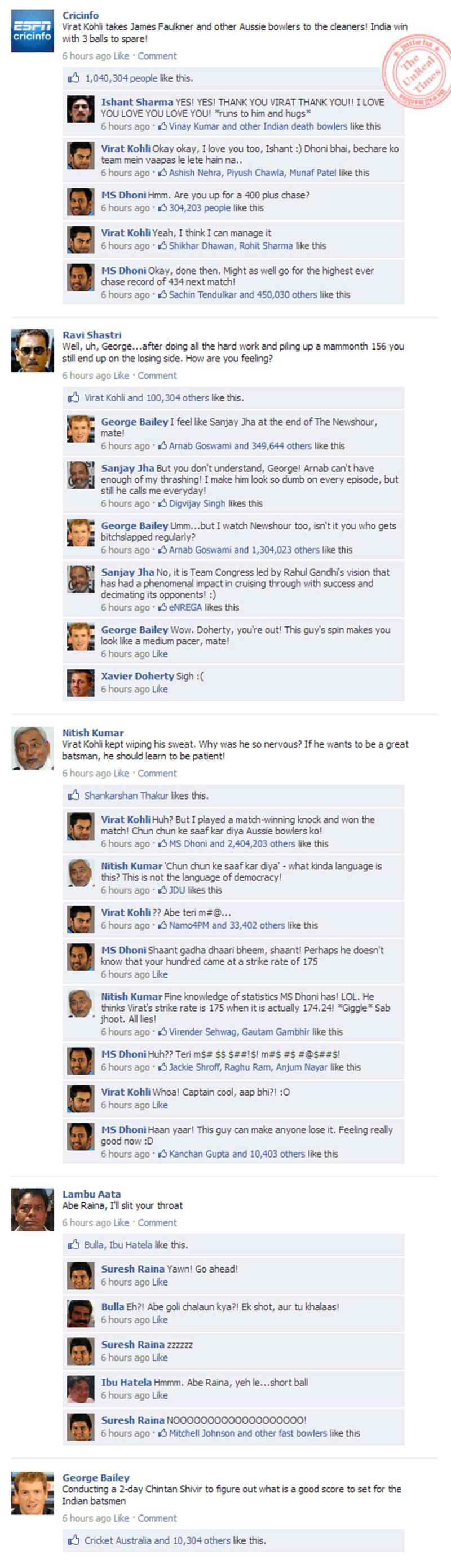 India vs Australia 6th ODI 2013: Reactions on Facebook after Virat Kohli's magnificent century India vs Australia 6th ODI 2013: Reactions on Facebook after Virat Kohli's magnificent century