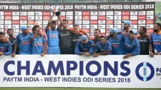 The Indian cricket team with the trophy after winning the series 3-1. (AFP Image)