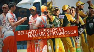 Namma Shivamogga 160/5 in 19.3 Overs, Live cricket score, Karnataka Premier League (KPL) 2015, Bellary Tuskers vs Namma Shivamogga: Shivamogga win by 5 wickets