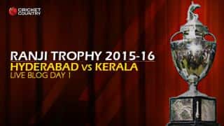 Kerala 186/5 | Live Cricket Score, Hyderabad vs Kerala, Ranji Trophy 2015-16, Group C match, Day 1 at Hyderabad: Stumps