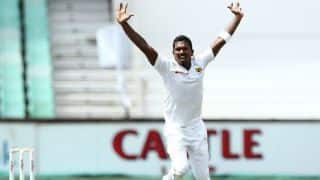 Sri Lanka's Vishwa Fernando appealed for the wicket of Hashim Amla.